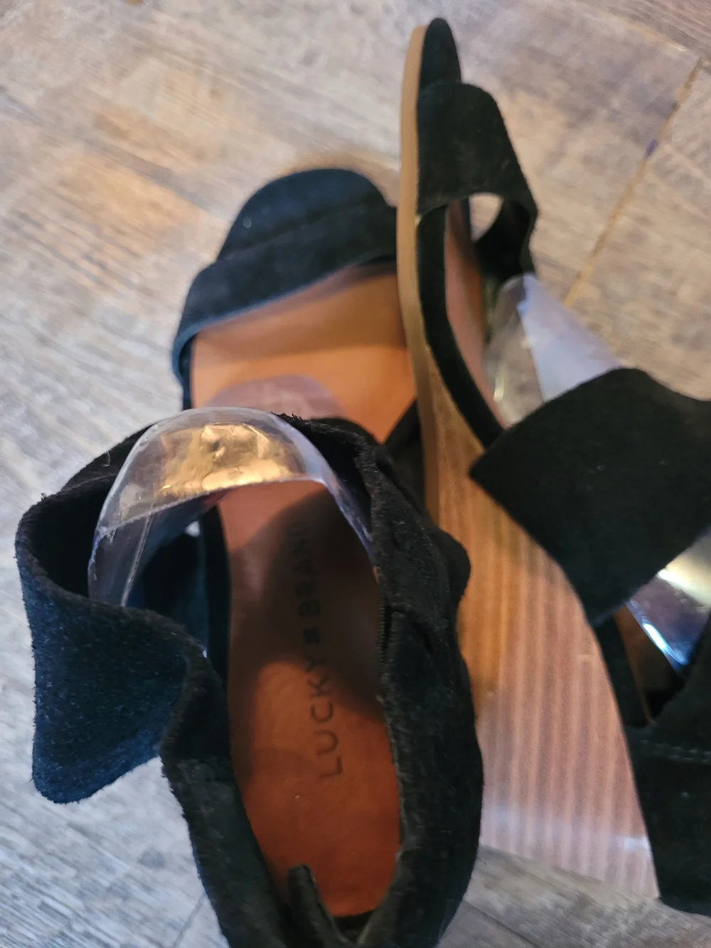 Black Suede Lucky Brand Size 5.5 Back Zip Wood Wedge Twist Slide Sandals Shoes